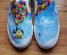 Adventure is Out There and you can tackle it with this custom pair of UP! shoes!  Each design can be personalized to your liking to include any character from the movie! Painted Canvas Shoes Invader Zim, Vans Art Shoes Disney, Hand Painted Shoes Custom, Painted Cocomelon Shoes, Movie Themed Shoes, Belle Painted Shoes, Custom Canvas Shoes, Disney Shoes Diy, Things To Paint On Shoes