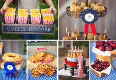 a collage of pictures with various foods and snacks on display at an outdoor event