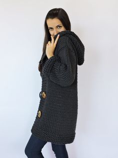 Hooded Knit Cardigan, Long Sweater Coat, Women Long Cardigan, Sweater Ideas, Mens Fashion Sweaters, Knit Coat, Black Knit Sweater, Knitted Hood, Pencil Skirt Black