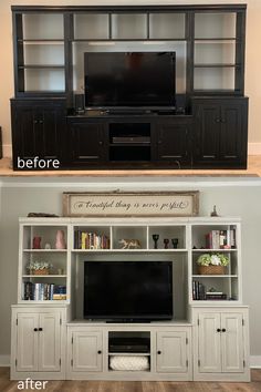 before and after shots of a entertainment center with built in bookshelves, tv stand, and entertainment center