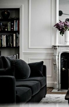 a living room filled with furniture and a fire place in front of a book shelf