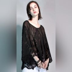 Beautiful Embroidered Lace On A Sheet Black Background- This Tunic Is Sophisticated And Stunning! Beach Lace Embroidered Blouse, Tunic Blouse, Embroidered Blouse, Embroidered Lace, Tunics, Black Background, Black Backgrounds, Black Lace, Tunic Tops