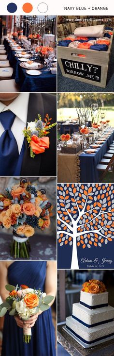 a collage of photos with orange, blue and white colors on it's theme