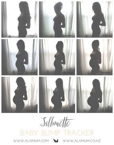 the silhouettes of a pregnant woman in front of a white curtain with text that reads, silhouette baby bump tracker