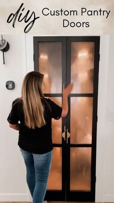 a woman standing in front of a door with the words diy custom pantry doors