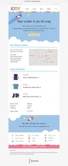 the website for kids's clothing store is shown in blue and pink colors, with clouds