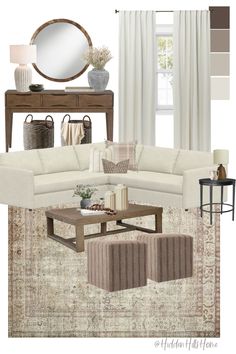 a living room with white furniture and neutral colors on the walls, coffee table, mirror, lamp, vases and rug