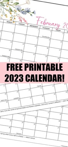 the free printable calendar is on top of a pink and white background with flowers