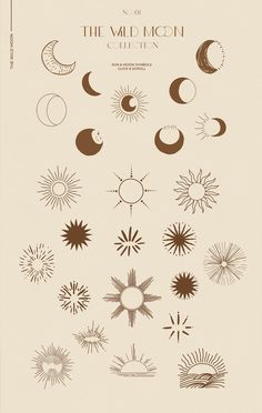 the sun, moon and stars are drawn in brown ink