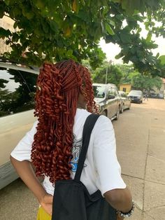 Braids For Black Women Red Hair, Ginger Hair Braids Hairstyles, Red And Orange Box Braids, Dark Ginger Braids Black Women, Curly Ginger Braids, Reddish Brown Knotless Braids, Red And Ginger Braids, Auburn French Curl Braids, Box Braid Length