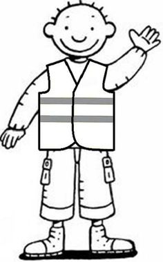 a drawing of a boy with his hands in the air and wearing a safety vest