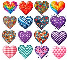 many hearts with different colors and patterns are shown in the shape of heart shaped shapes