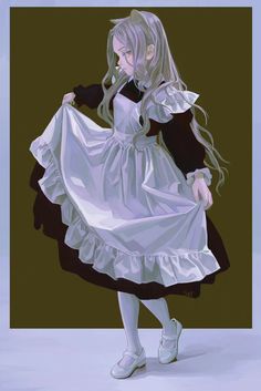 a drawing of a girl in a white dress with long blonde hair, holding her hand on her hip