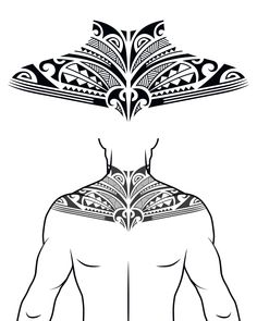 the back of a man's body with an intricate tattoo design on his chest