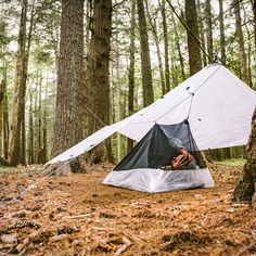 a tent pitched up in the middle of a forest