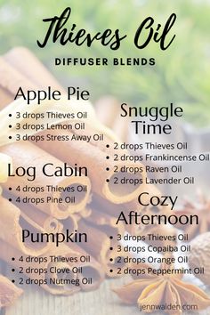 Fall Thieves Diffuser Blends, Thieves Diffuser Recipes, Young Living Essential Oils Recipes Diffuser Fall, Thieves Essential Oil Blends, Thieves Essential Oil Uses, Fall Essential Oil Blends Young Living, Apple Pie Essential Oil Blend, Thieves Essential Oil Diffuser Blends, Thieves Diffuser Blends