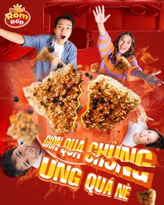 the poster shows two people in front of a large piece of food with their hands up