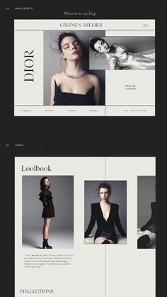 the website design for dior is shown in black and white, with an image of a