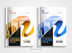 two brochure covers with cityscape in the background