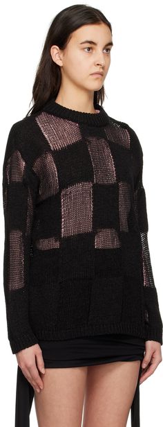 Open knit paper yarn and cotton-blend sweater. · Intarsia check pattern throughout · Rib knit crewneck, hem, and cuffs Supplier color: Black Check Sweater, Paper Yarn, Yarn Sweater, Knit Crewneck, Open Knit, High End Fashion, Check Pattern, Knitwear Women, Black Sweaters