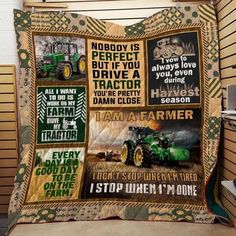 a tractor themed pillow with farm sayings on it