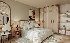 a bedroom with a bed, mirror and shelves