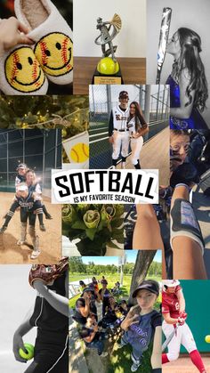 a collage of softball pictures with the words softball is my favorite season on them