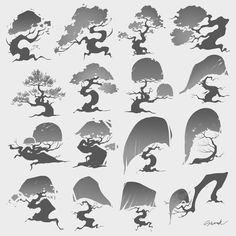 the silhouettes of various trees and animals are shown in black and white, as well as