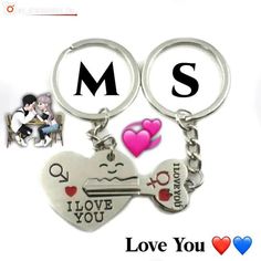 two key chains that have different pictures on them with the words i love you and m s