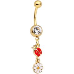 Clear Gem Spring Flower Lady Bug Gold Tone Dangle Belly Ring – BodyCandy Flower Lady, Belly Piercing Jewelry, Belly Button Jewelry, A Ladybug, Navel Jewelry, Body Jewelry Piercing