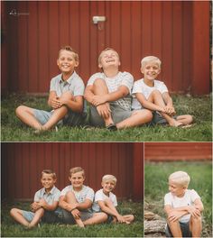 three boys sitting in the grass with their arms around each other and smiling at the camera