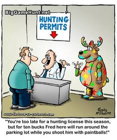 a cartoon depicting two men talking to each other in front of a hunting permit sign