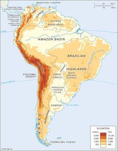 a map of south america showing the location of amazon basin and its major rivers, as well as other areas