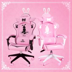 two pink office chairs with bunny ears on the top and bottom, one in black and white