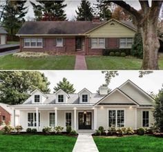 before and after photos of a house with grass in the front yard, then on the outside