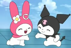 two cartoon characters in bunny costumes standing next to each other