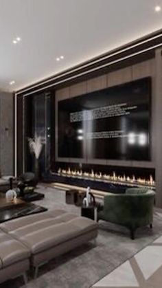 a modern living room with fireplace and large screen tv on the wall, leather couches