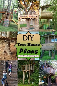 a collage of pictures with trees and kids playing in the tree house area,