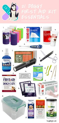 the contents of a dog's first aid kit are shown in this graphic diagram