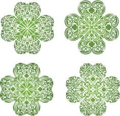 four different green and white designs in the shape of an ornate flower ornament