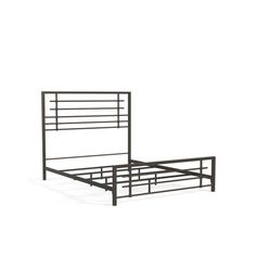 a metal bed frame with rails and headboard is shown against a white background,