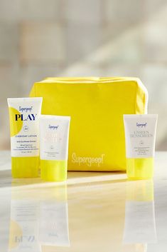 Discover healthier, happier skin with these three all-time bestselling SPFs for face and body. All in a sunshine-y travel pouch for on-the-go application.  Unseen Sunscreen SPF 40: The original, 100 percent invisible, weightless, scentless sunscreen with skincare benefits and a velvety finish.  PLAY Everyday Lotion SPF 50: The brand's original broad spectrum SPF 50 lotion for face and body.  Glowscreen SPF 40 in Sunrise: A daily primer with SPF protection that leaves a dewy, glowy finish and preps skin for makeup, with major hydration.  About Supergoop: Completely dedicated to sun protection, each Supergoop broad spectrum sunscreen protects against UVA/UVB rays and Infrared-A Radiation, which leads to accelerated skin aging. When a close friend was diagnosed with skin cancer, founder Holly Unseen Sunscreen Spf 40, Unseen Sunscreen, Skincare Benefits, Sunscreen Spf 50, Skin Prep, Sunscreen Lotion, Happy Skin, Broad Spectrum Sunscreen, Beauty Photos