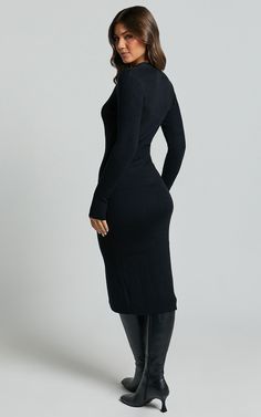 Black Dress Fall Midi, Dress With Short Boots Midi, St Jonh Knit Dress Classy, Long Sleeve Jersey Knit Dress, Luxury Winter Dresses With Button Closure, Dresses With Boots Midi, Fall Midi Dress 2022, Black Dress Midi Long Sleeve, Petite Knit Dress