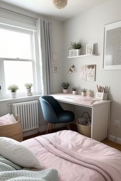 a bedroom with a bed, desk and chair next to a window in the corner