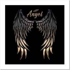 an angel wings with the word angel on it's back and gold foil lettering