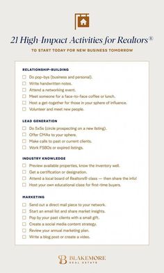 a checklist with the words, 21 high impact activities for realtors to start today