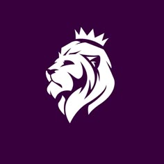 the head of a lion with a crown on its head is shown in purple and white