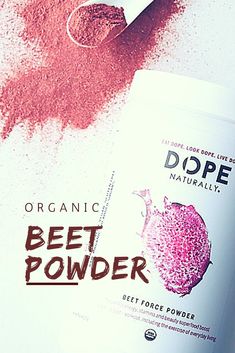 a bottle of dope beet powder next to an open tube of deodorant