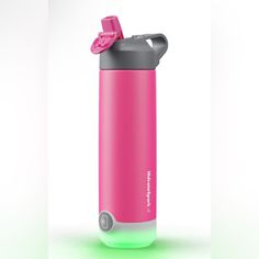 a pink and gray water bottle with a lid on the side, in front of a white background