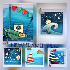 four different pictures of boats and seagulls with the words new framed times on them